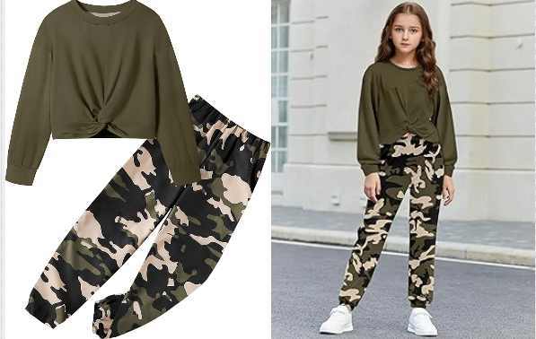 Girls 5–14Y 2-Piece Twist-Front Sweatshirt & Camo Pants Set - These camo sets hit the sweet spot. They’re fun, stylish, and simple without feeling plain. The twist-front top gives it a trendy touch, and the camo pants give it personality — but both pieces can be mixed and matched with the everyday shirts, hoodies, and pants your daughter already owns.

Meaning — you’re not just buying one outfit. You’re buying multiple outfit combos for the same low price.